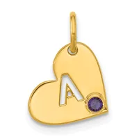 Gold heart-shaped pendant with cutout letter A and a small round purple gemstone set on the right side, suspended from a gold bail.