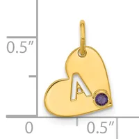 Gold heart-shaped pendant with cutout letter A and small purple round stone, shown next to ruler indicating 0.5 inch height.
