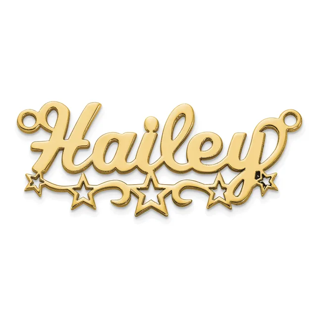 Gold-colored script nameplate pendant spelling "Hailey" with decorative stars beneath, shown against a white background.