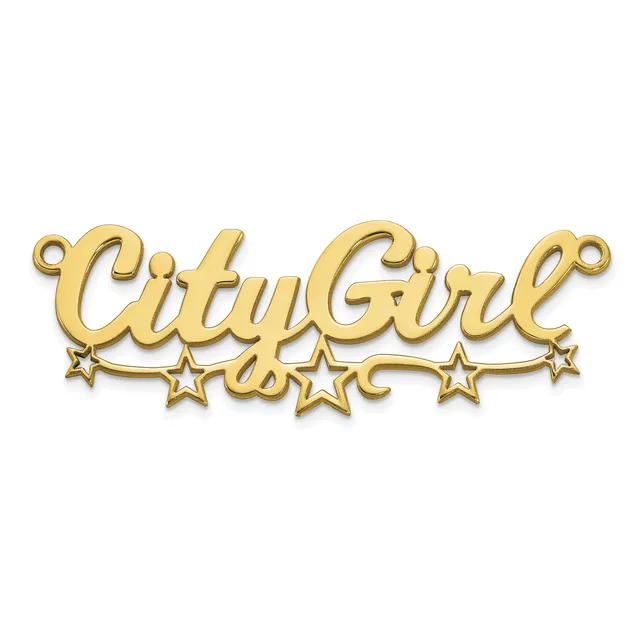 A gold-toned metal pendant charm with "CityGirl" in cursive script lettering, decorated with small stars along the bottom, featuring two small loops at the top for attachment.