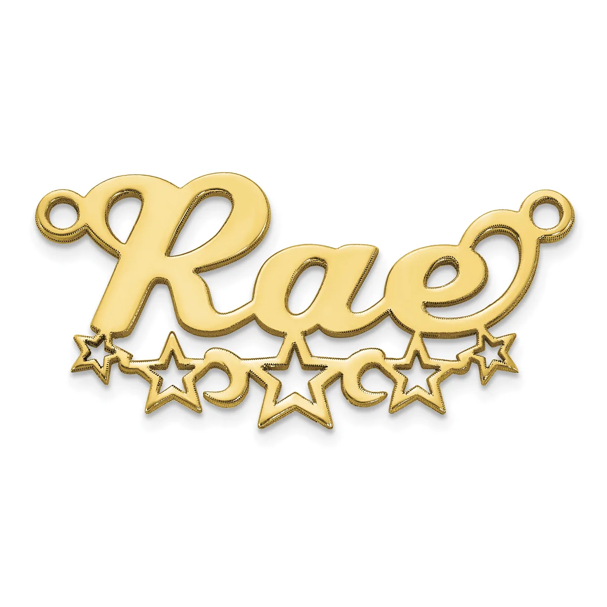 Gold-toned metal pendant spelling "Kalee" with decorative star charms hanging below, featuring two small loops for attachment.