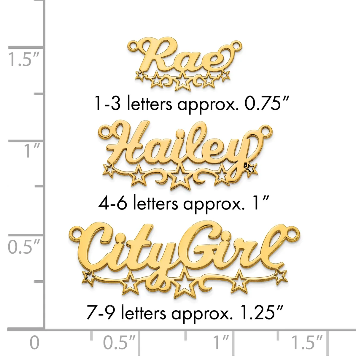 Three gold-colored metal name pendants with decorative stars, shown next to a ruler indicating sizes from approximately 0.75 to 1.25 inches in height.