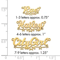 Three gold-colored metal name pendants with decorative stars, shown next to a ruler indicating sizes from approximately 0.75 to 1.25 inches in height.