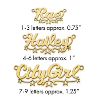 Three gold-tone name plates with decorative stars, labeled by letter count and approximate size: 1-3 letters at 0.75 inches, 4-6 letters at 1 inch, and 7-9 letters at 1.25 inches.