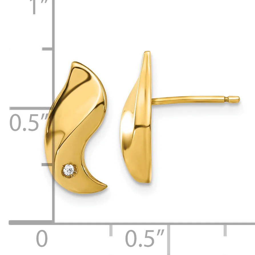 A pair of gold curved stud earrings with small diamond accents, shown next to a measurement scale indicating approximately half an inch in length.