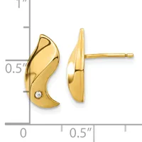 A pair of gold curved stud earrings with small diamond accents, shown next to a measurement scale indicating approximately half an inch in length.