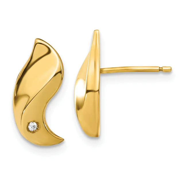 A pair of gold curved crescent-shaped stud earrings with a small diamond accent, shown from front and side views.