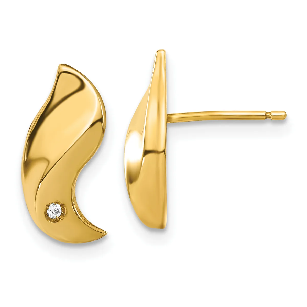 A pair of gold curved crescent-shaped stud earrings with a small diamond accent, shown from front and side views.