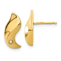A pair of gold curved crescent-shaped stud earrings with a small diamond accent, shown from front and side views.