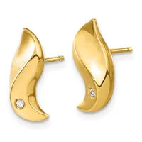 A pair of polished gold curved teardrop earrings with small diamond accents, shown from the front and back views against a white background.