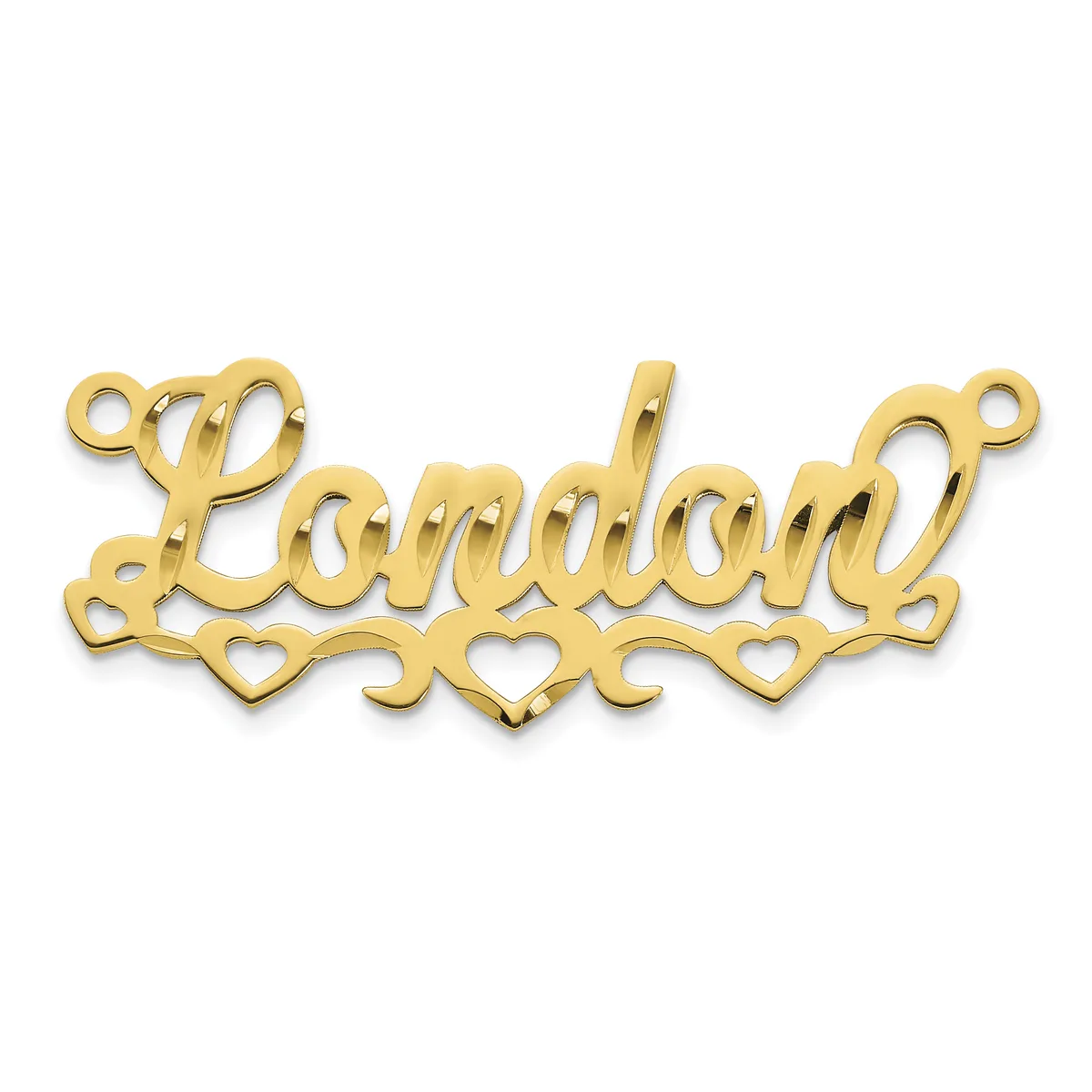 A gold-colored nameplate pendant spelling "London" in cursive script with decorative heart cutouts along the bottom and small loops at the top corners for attachment.