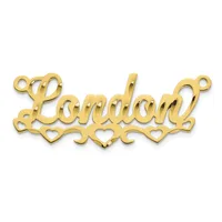 A gold-colored nameplate pendant spelling "London" in cursive script with decorative heart cutouts along the bottom and small loops at the top corners for attachment.