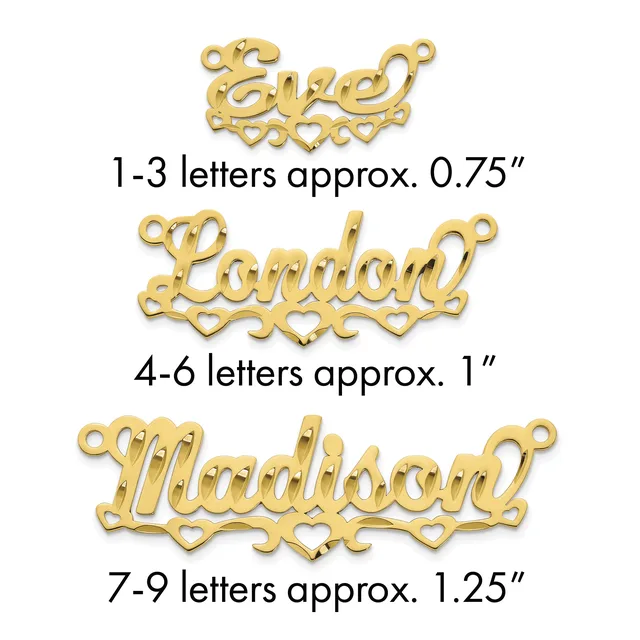 Three gold-toned metal name charms with decorative flourishes and heart details, ranging from approximately 0.75 to 1.25 inches in width.
