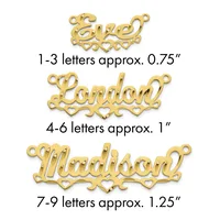 Three gold-toned metal name charms with decorative flourishes and heart details, ranging from approximately 0.75 to 1.25 inches in width.