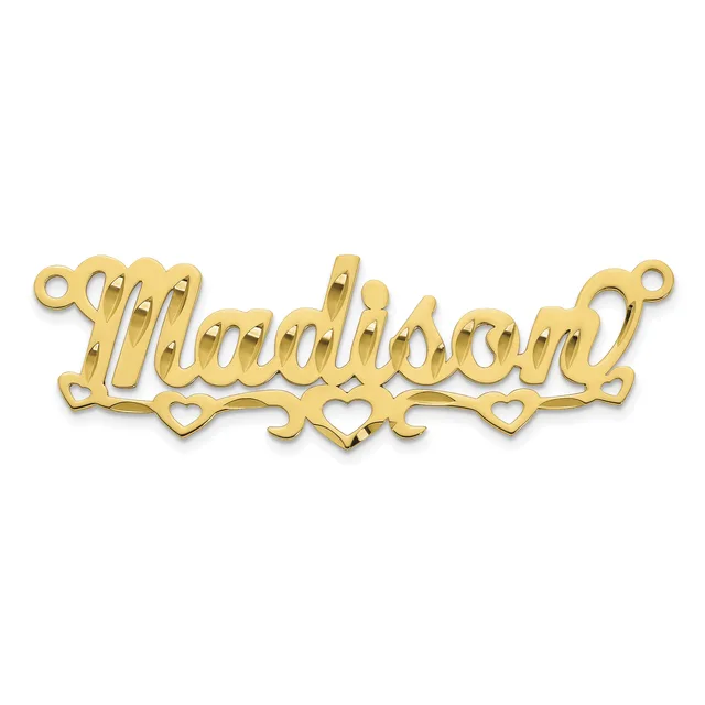 Gold-toned metal nameplate pendant with script lettering and decorative heart cutouts below, featuring loops at each end for attachment.