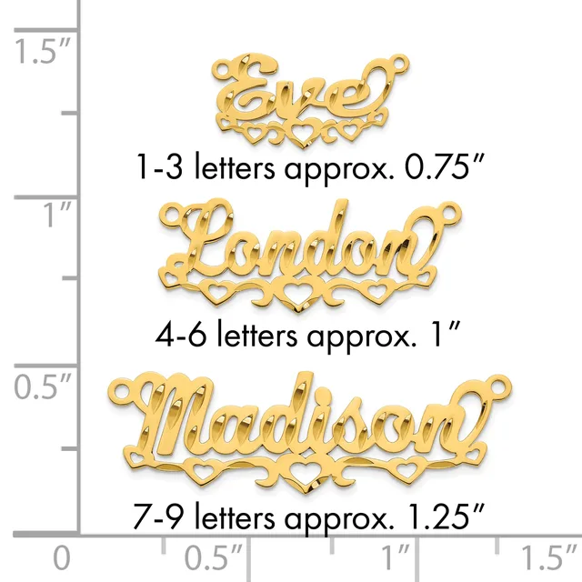 Three gold-colored name charms with decorative filigree borders and jump rings, shown at actual size next to a ruler demonstrating heights from 0.75 to 1.25 inches.