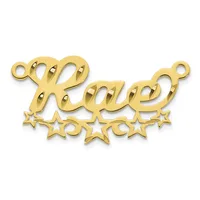 Gold-colored metal pendant charm with the word "love" in cursive script and five small stars arranged below it, with two attachment loops.
