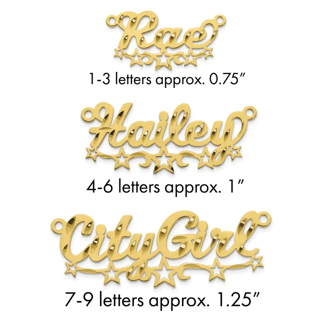 Three gold-colored ornamental name pendants with decorative stars and flourishes, ranging from 0.75 inches to 1.25 inches in height, displayed with size specifications for different letter counts.