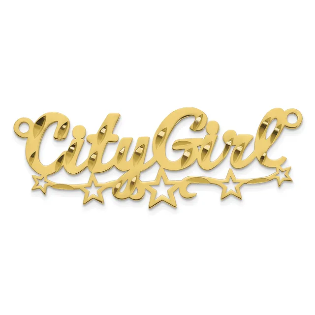 Gold-toned metal nameplate pendant with script lettering and decorative stars below, featuring small loops at each end for attachment.