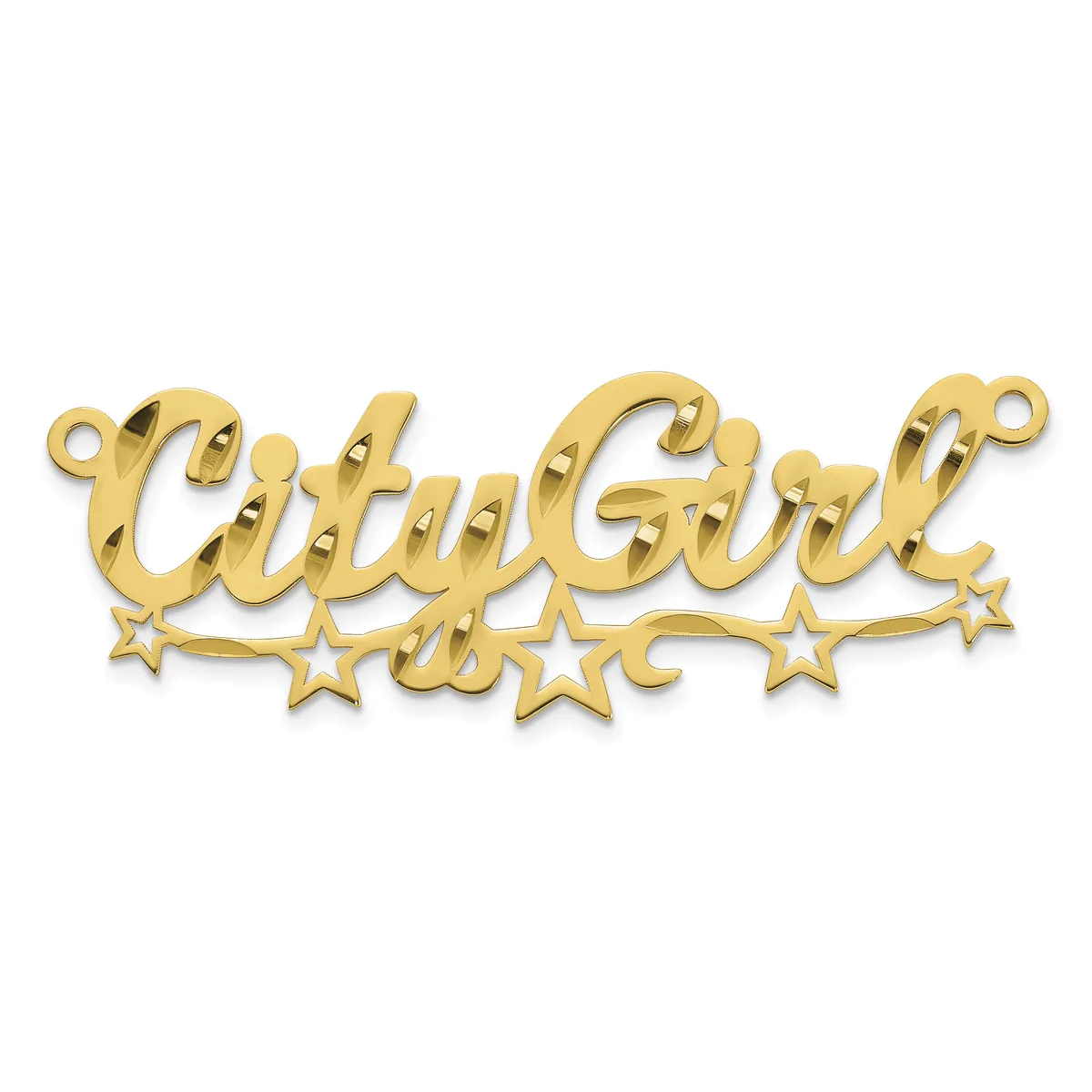 Gold-toned metal nameplate pendant with script lettering and decorative stars below, featuring small loops at each end for attachment.