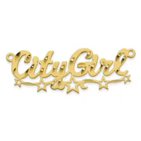Gold-toned metal nameplate pendant with script lettering and decorative stars below, featuring small loops at each end for attachment.