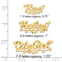 Three gold-colored metal name charms with decorative stars and flourishes, displayed next to a ruler showing sizes ranging from approximately 0.75 to 1.25 inches in height.