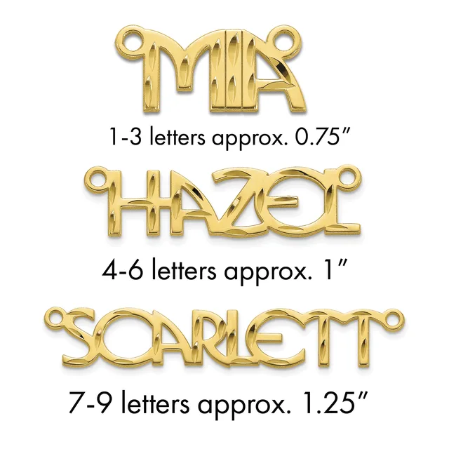 Three gold-toned metal name plate connectors with loops at each end, sized for 1-3, 4-6, and 7-9 letter names respectively.