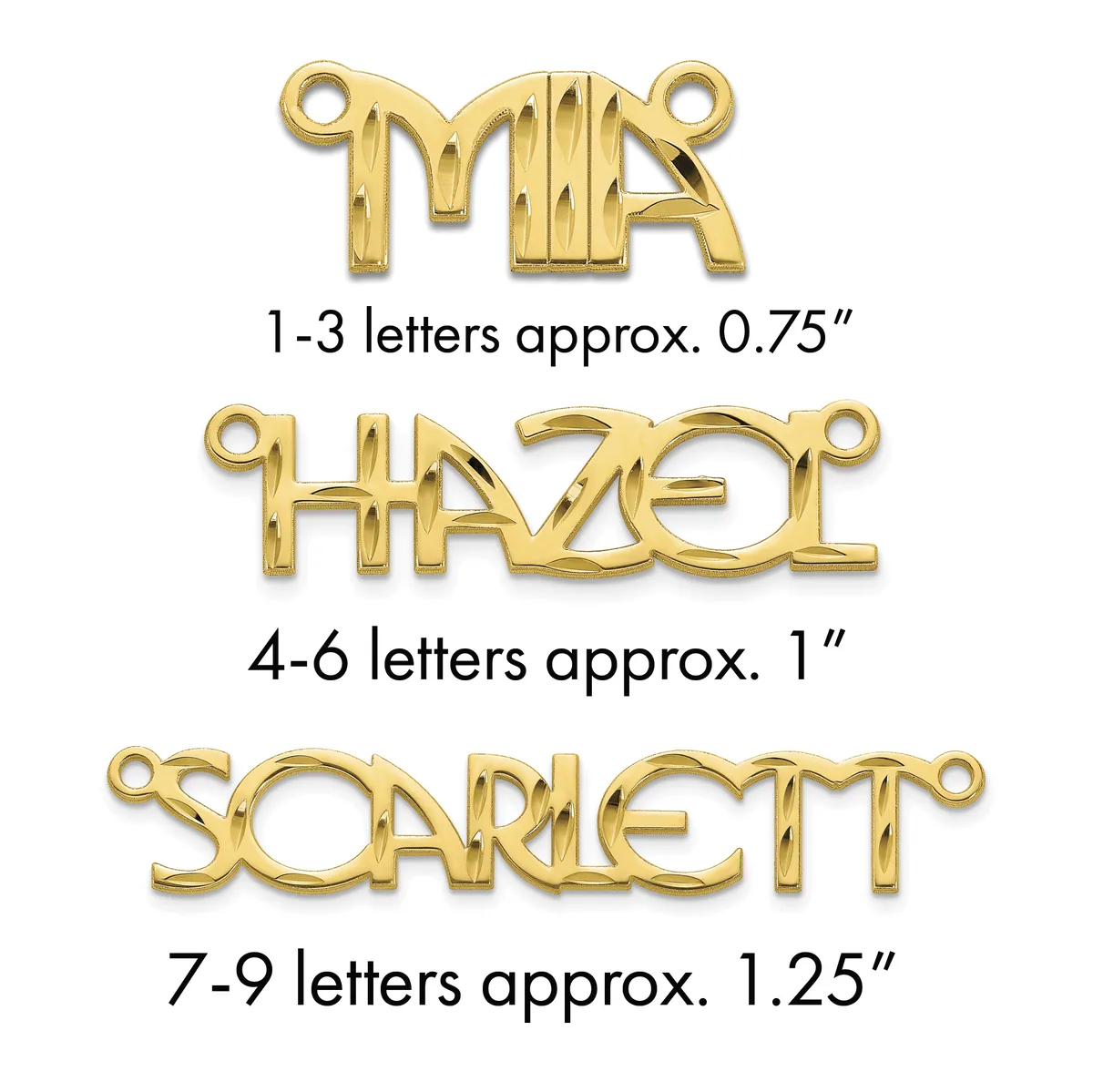 Three gold-toned metal name plate connectors with loops at each end, sized for 1-3, 4-6, and 7-9 letter names respectively.