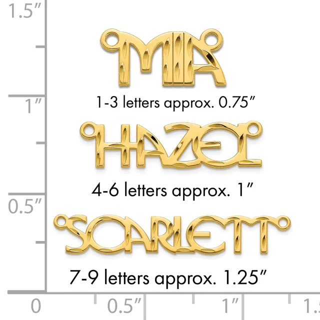 Three gold-colored metal letter charms with loops at the ends, shown at actual size against a measurement ruler indicating heights of approximately 0.75 inches, 1 inch, and 1.25 inches.