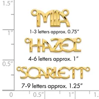 Three gold-colored metal letter charms with loops at the ends, shown at actual size against a measurement ruler indicating heights of approximately 0.75 inches, 1 inch, and 1.25 inches.