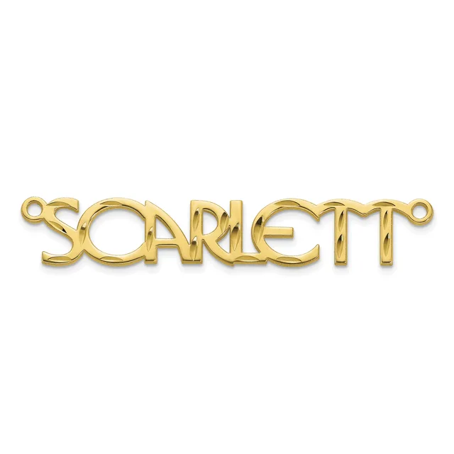 A gold-toned metal connector pendant with the word "SOARLETT" in stylized letters, featuring small loops on each end for attachment.