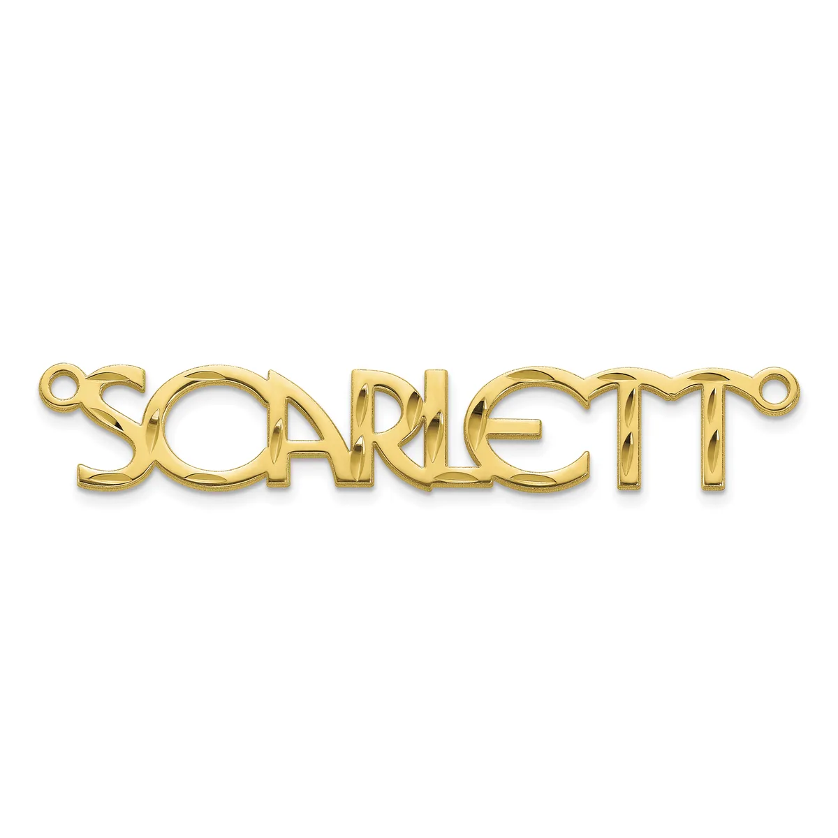A gold-toned metal connector pendant with the word "SOARLETT" in stylized letters, featuring small loops on each end for attachment.