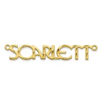 A gold-toned metal connector pendant with the word "SOARLETT" in stylized letters, featuring small loops on each end for attachment.