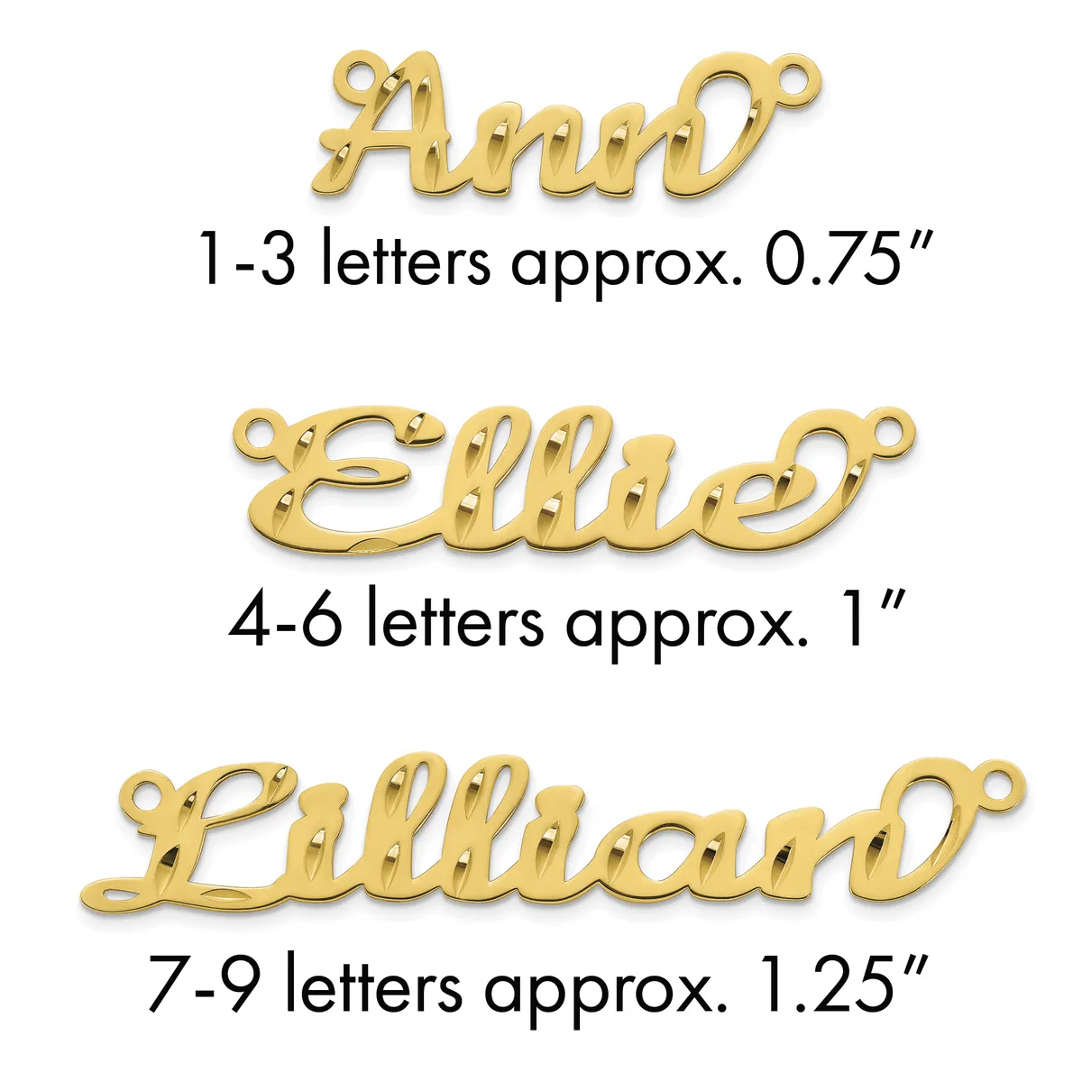 Three gold-colored metal name pendants with loops at each end, labeled by letter count and approximate size: 1-3 letters at 0.75 inches, 4-6 letters at 1 inch, and 7-9 letters at 1.25 inches.