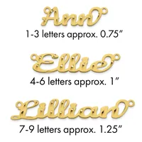 Three gold-colored metal name pendants with loops at each end, labeled by letter count and approximate size: 1-3 letters at 0.75 inches, 4-6 letters at 1 inch, and 7-9 letters at 1.25 inches.