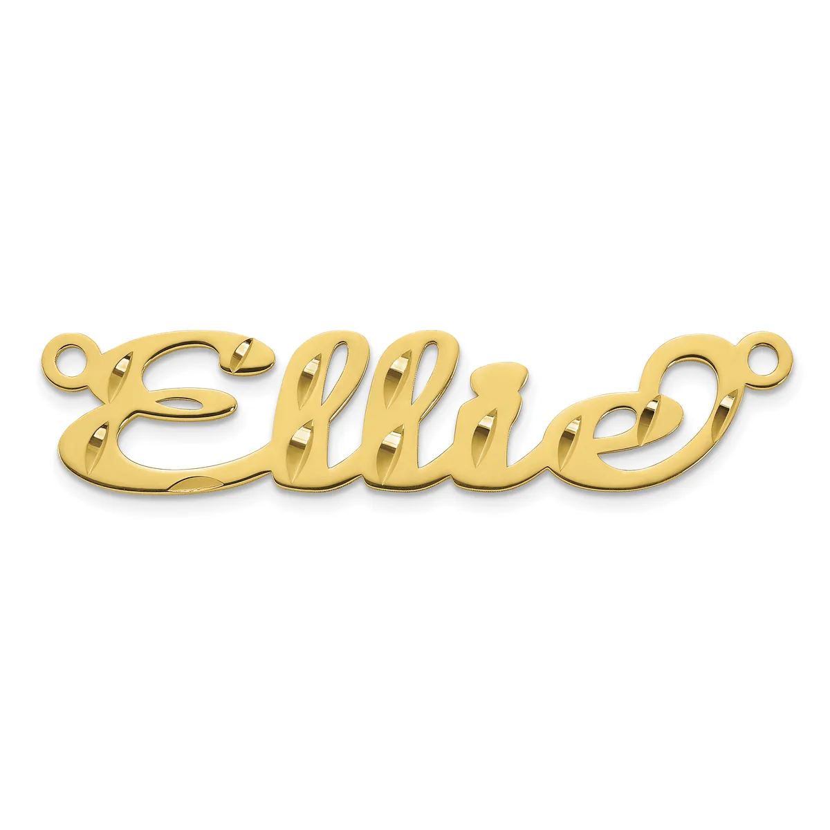 Gold-toned script nameplate pendant with looped ends for attachment, displayed against a white background.