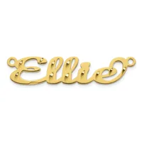 Gold-toned script nameplate pendant with looped ends for attachment, displayed against a white background.