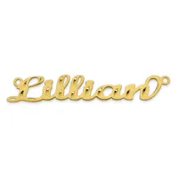 Gold-colored cursive nameplate pendant with loops at each end for attachment, displayed against a white background.