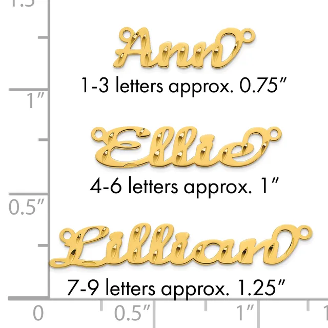 Three gold-colored name charms with loops shown next to a ruler displaying their sizes: approximately 0.75 inches for 1-3 letters, 1 inch for 4-6 letters, and 1.25 inches for 7-9 letters.