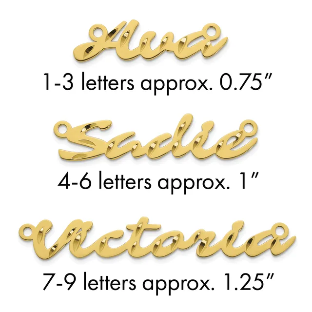Three gold-colored script name pendants with loops, sized by letter count: 1-3 letters at 0.75 inches, 4-6 letters at 1 inch, and 7-9 letters at 1.25 inches.