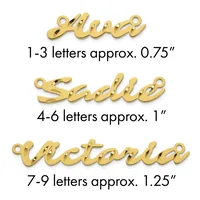 Three gold-colored script name pendants with loops, sized by letter count: 1-3 letters at 0.75 inches, 4-6 letters at 1 inch, and 7-9 letters at 1.25 inches.