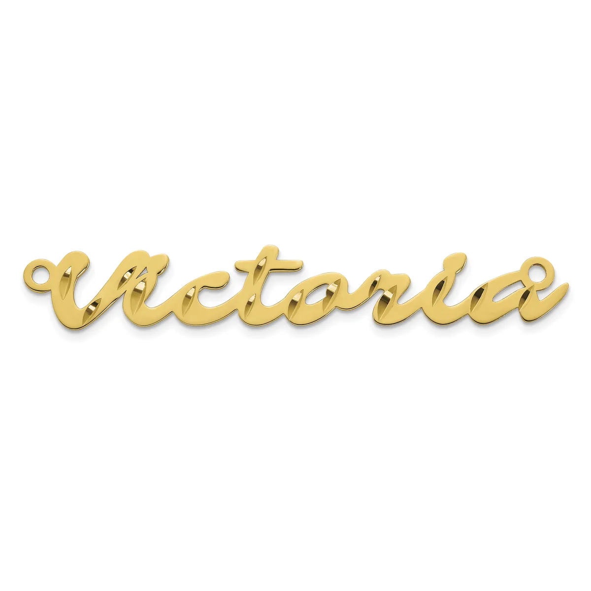 Gold-toned script nameplate pendant with loops at each end for attachment, shown against a white background.