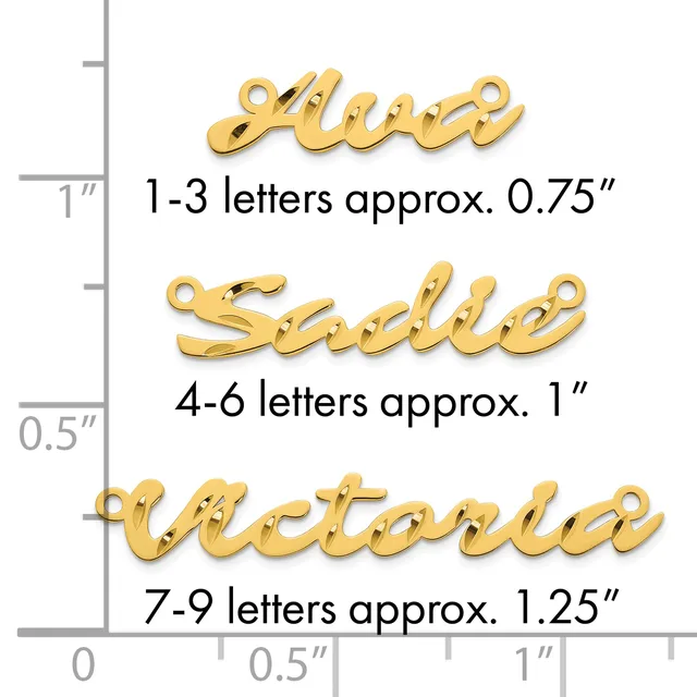 Three gold-colored metal name charm pendants displayed against a ruler showing sizes: 0.75 inches for 1-3 letters, 1 inch for 4-6 letters, and 1.25 inches for 7-9 letters.