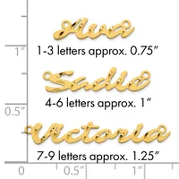 Three gold-colored metal name charm pendants displayed against a ruler showing sizes: 0.75 inches for 1-3 letters, 1 inch for 4-6 letters, and 1.25 inches for 7-9 letters.