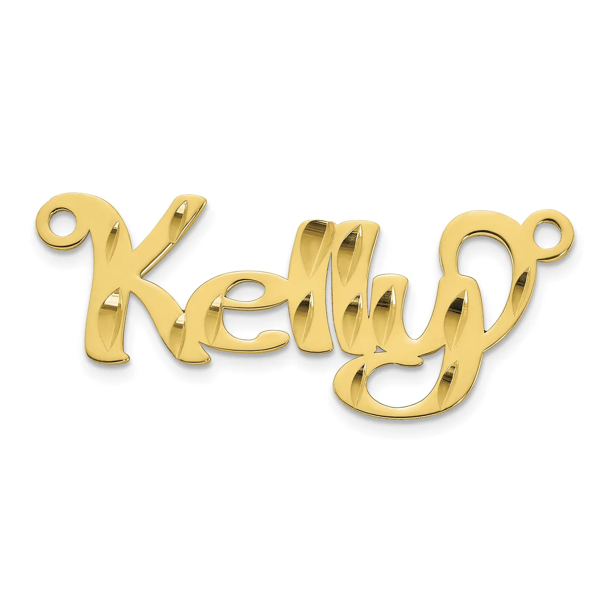 A gold-colored metal nameplate pendant spelling "Kelly" with small loop attachments at each end, shown against a white background.
