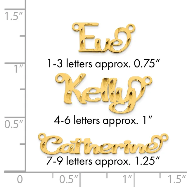 Three gold-colored nameplate pendants of increasing size with jump rings, displayed next to a ruler showing measurements from 0 to 1.5 inches.