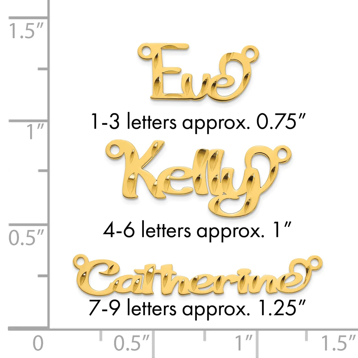Three gold-colored nameplate pendants of increasing size with jump rings, displayed next to a ruler showing measurements from 0 to 1.5 inches.