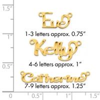Three gold-colored nameplate pendants of increasing size with jump rings, displayed next to a ruler showing measurements from 0 to 1.5 inches.