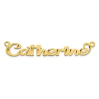 Gold-toned metal connector pendant with the word "Catherine" in cursive script and small loops at each end for attaching to a chain.