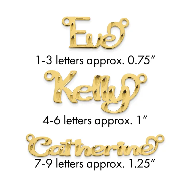 Three gold-colored nameplate pendants in cursive script of varying sizes with attached loops, labeled by letter count and approximate width measurements.